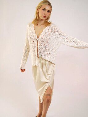 90s Crochet Cardigan (XL) white vintage womens long sleeve boho hippie beach